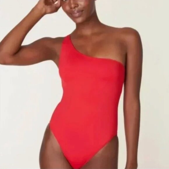 Andie The Nantucket One Shoulder One Piece Swimsuit Red L - Picture 1 of 7